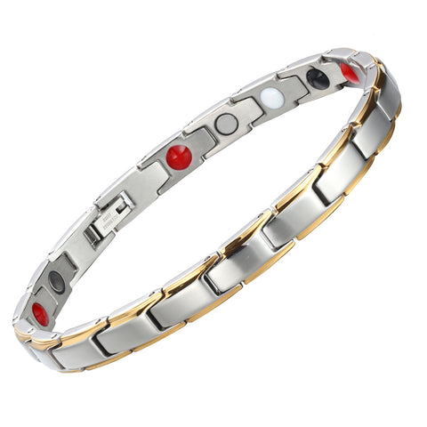 Stainless Steel Gold Model energy bracelet featuring wide polished links and a secure fold-over clasp