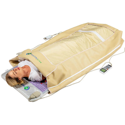 Person in HealthyLine Platinum SOFT 7428 Wrap Set: SOFT mat, tan gemstone cover layered over silver Platinum therapy photon mat.