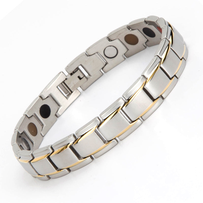 Silver and gold Model B001M energy bracelet featuring polished stainless steel links and a secure clasp.
