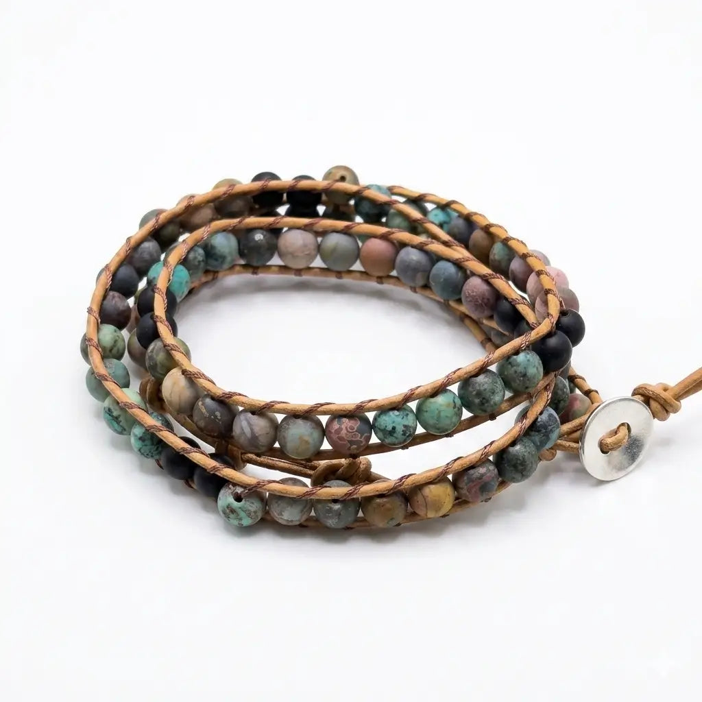 African Turquoise + Red Turquoise + Zinc Alloy + Onyx Bracelet. Light Brown Cow Leather Rope
