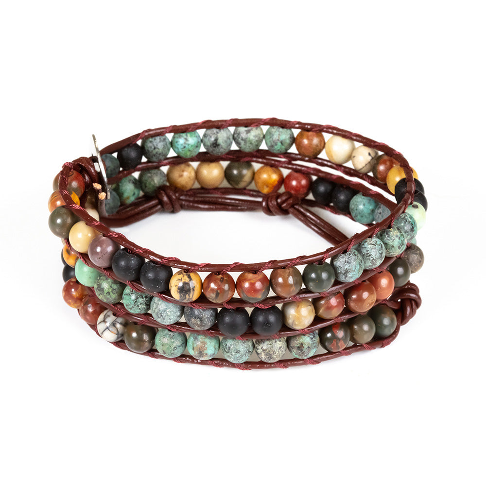 Handmade Turquoise & Jasper Wrap Bracelet – Natural Stone, Leather Cord, Blue Tube Beads, Healing & Protection