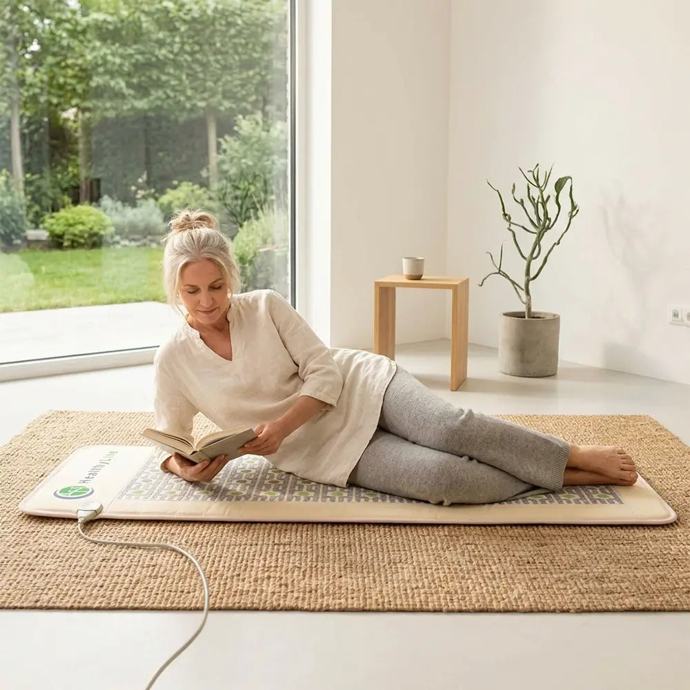 Person lying on the 011AJT Full 7224 mat reading a book on a rug
