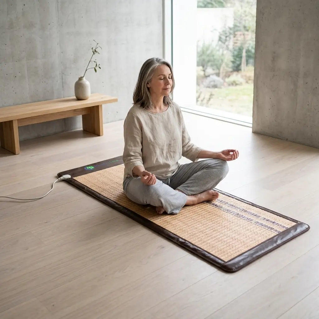 Person meditating cross-legged on the Soft 7232 Full Long mat
