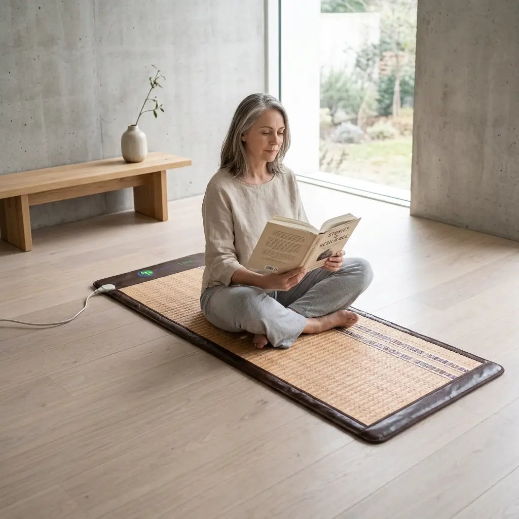 Person sitting cross-legged reading a book on the Soft 7232 Full Long mat
