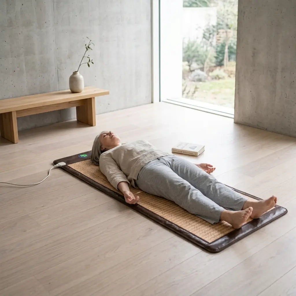 Person lying on the Soft 7232 Full Long mat on the floor near a window
