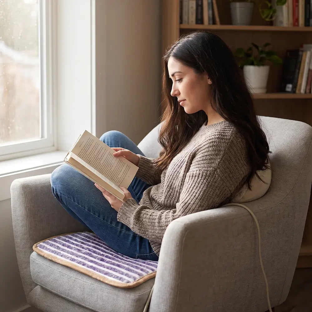 Person reading in an armchair, American Choice 1818 amethyst seat cushion in purple striped fabric
