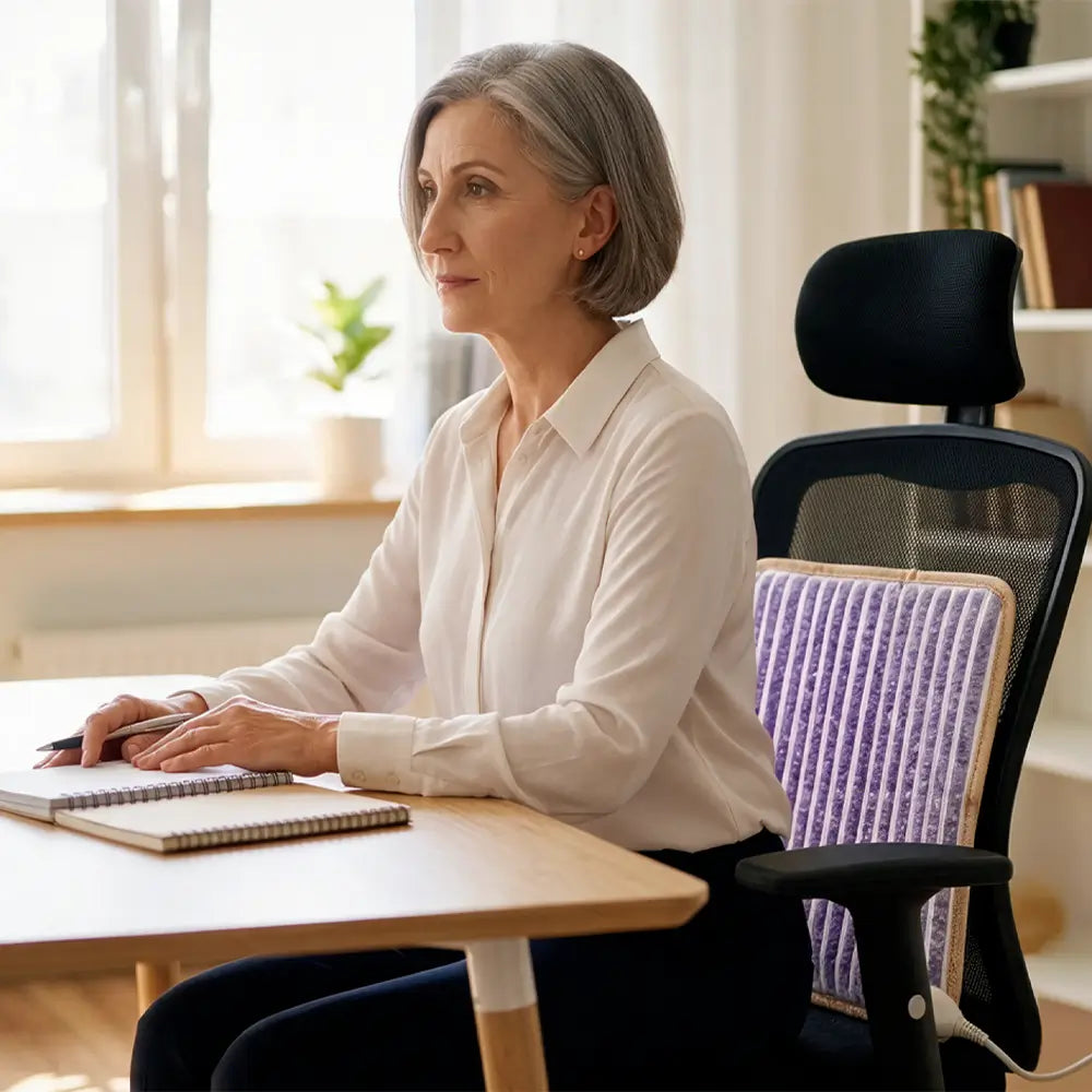 Person writing at a desk with the American Choice 1818 amethyst mat on an office chair backrest
