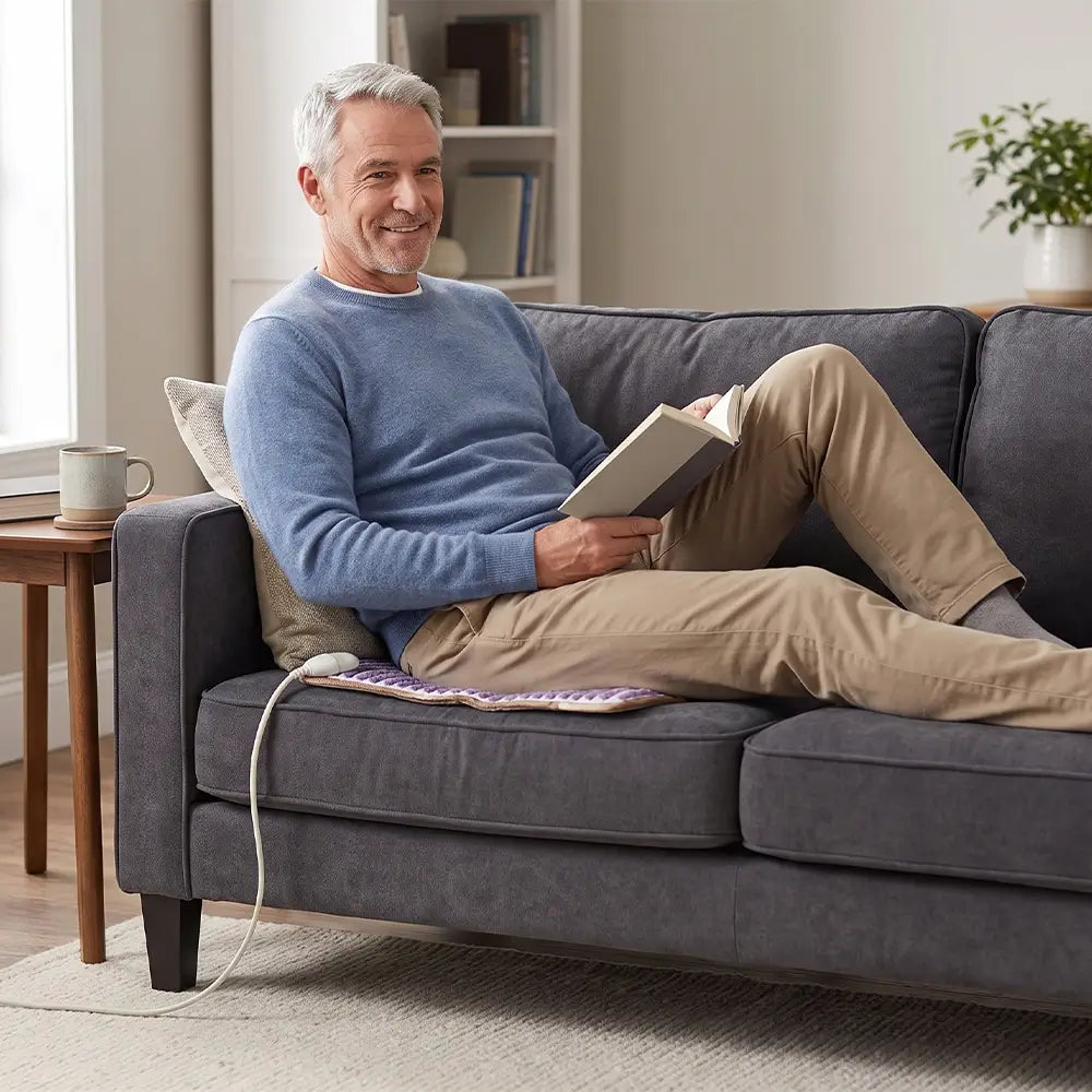 Person reading on a sofa with the American Choice 1818 amethyst seat cushion, purple striped fabric
