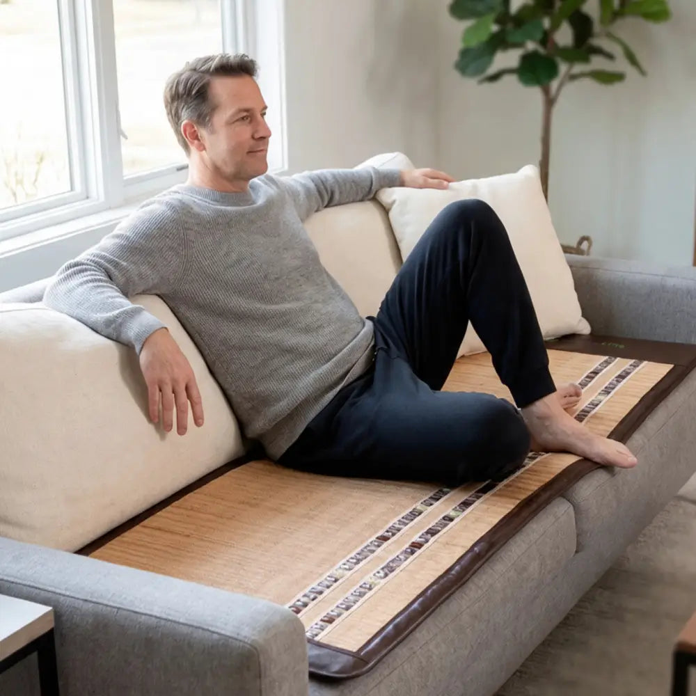 Person seated on a couch with the Soft 7232 mat laid over the cushions
