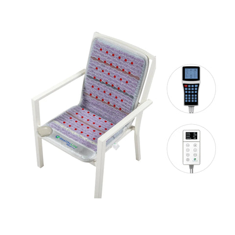 Platinum Chair 40x18 mat on white chair frame, silver-grey fabric with amethyst, jade, tourmaline, quartz, obsidian gemstones 