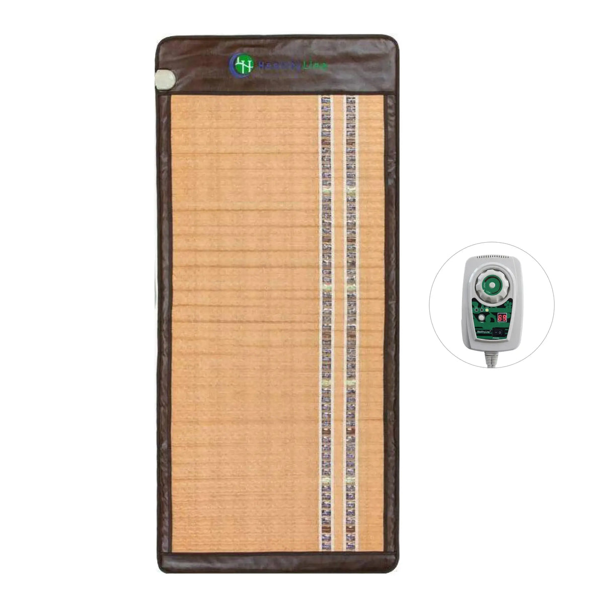 Soft 7232 Full Long mat in tan fabric with amethyst, jade, and tourmaline gemstone rows and controller
