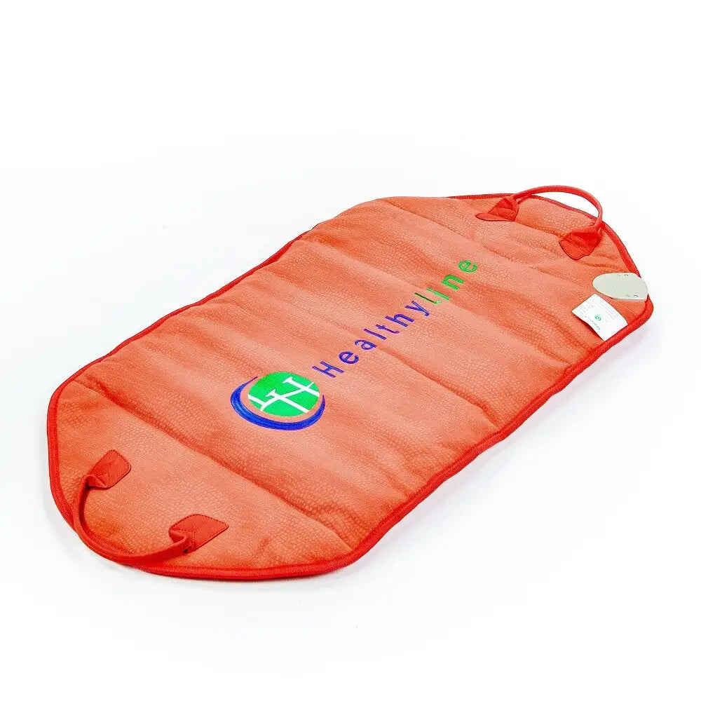 Amethyst Pad 3618 rolled with red exterior fabric, embroidered HealthyLine logo and strap closures visible
