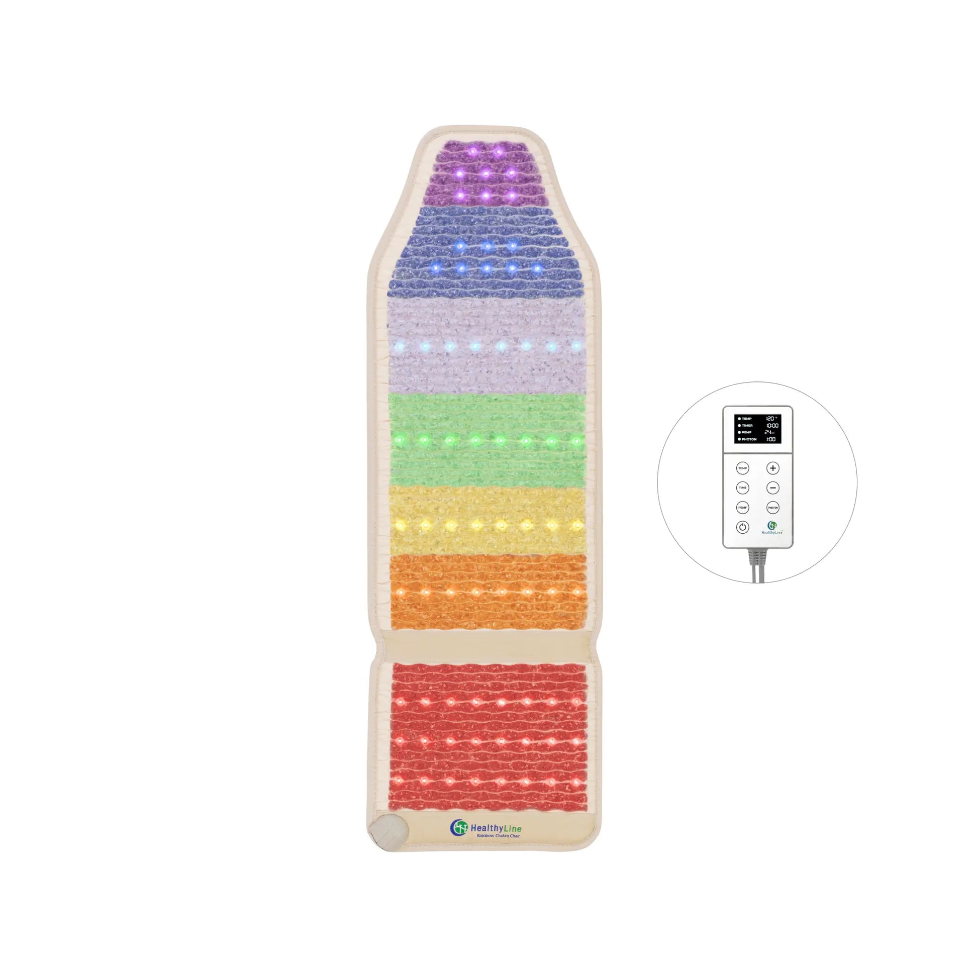 Rainbow Chakra Chair 53x18 mat on white chair frame, 7 chakra gemstone color bands with photon lights and controller