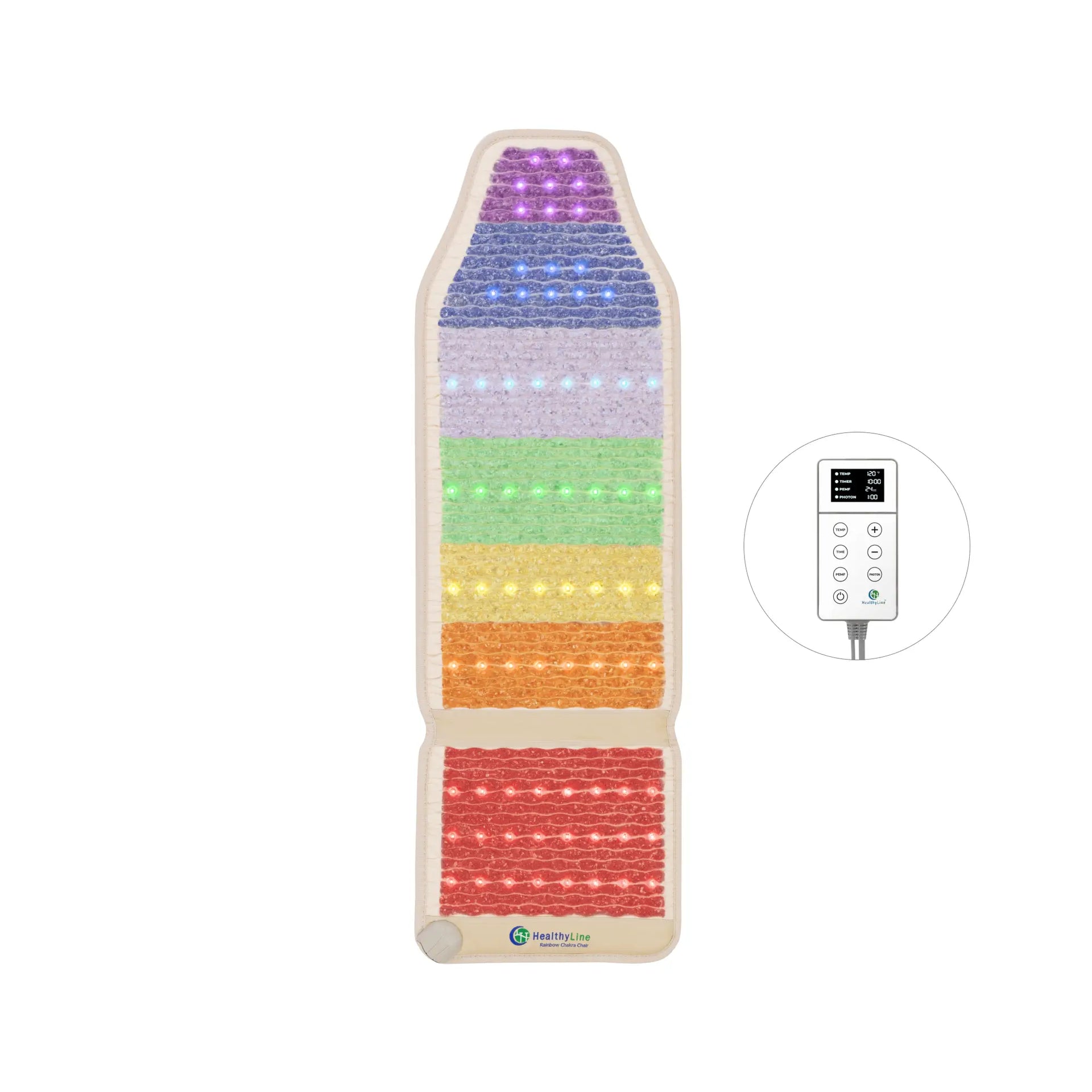 Rainbow Chakra Chair 57x18 mat on white chair frame, 7 chakra gemstone bands with multicolor photon lights and controller