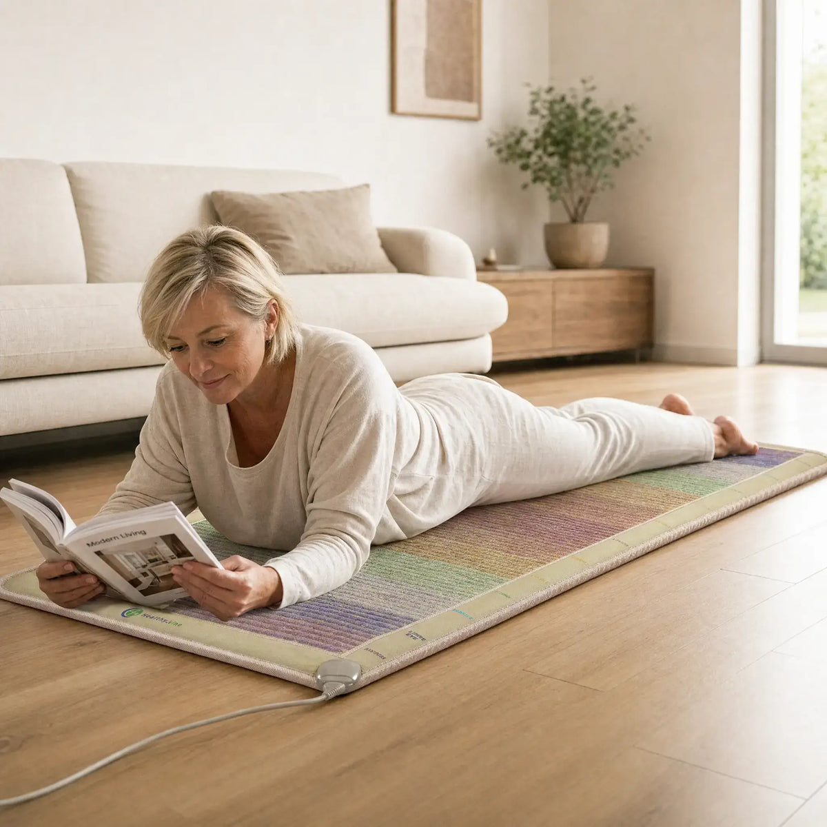 Person lying on their stomach reading a book on the Rainbow Chakra 7632 mat
