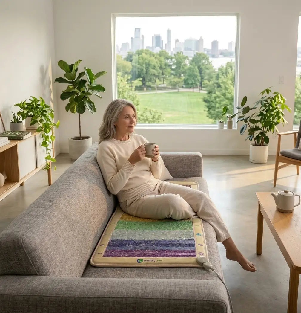 Person sitting on a couch with feet resting on the Rainbow Chakra 5228 mat, holding a mug
