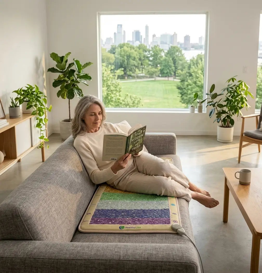 Person reading a book on the couch with feet resting on the Rainbow Chakra 5228 mat
