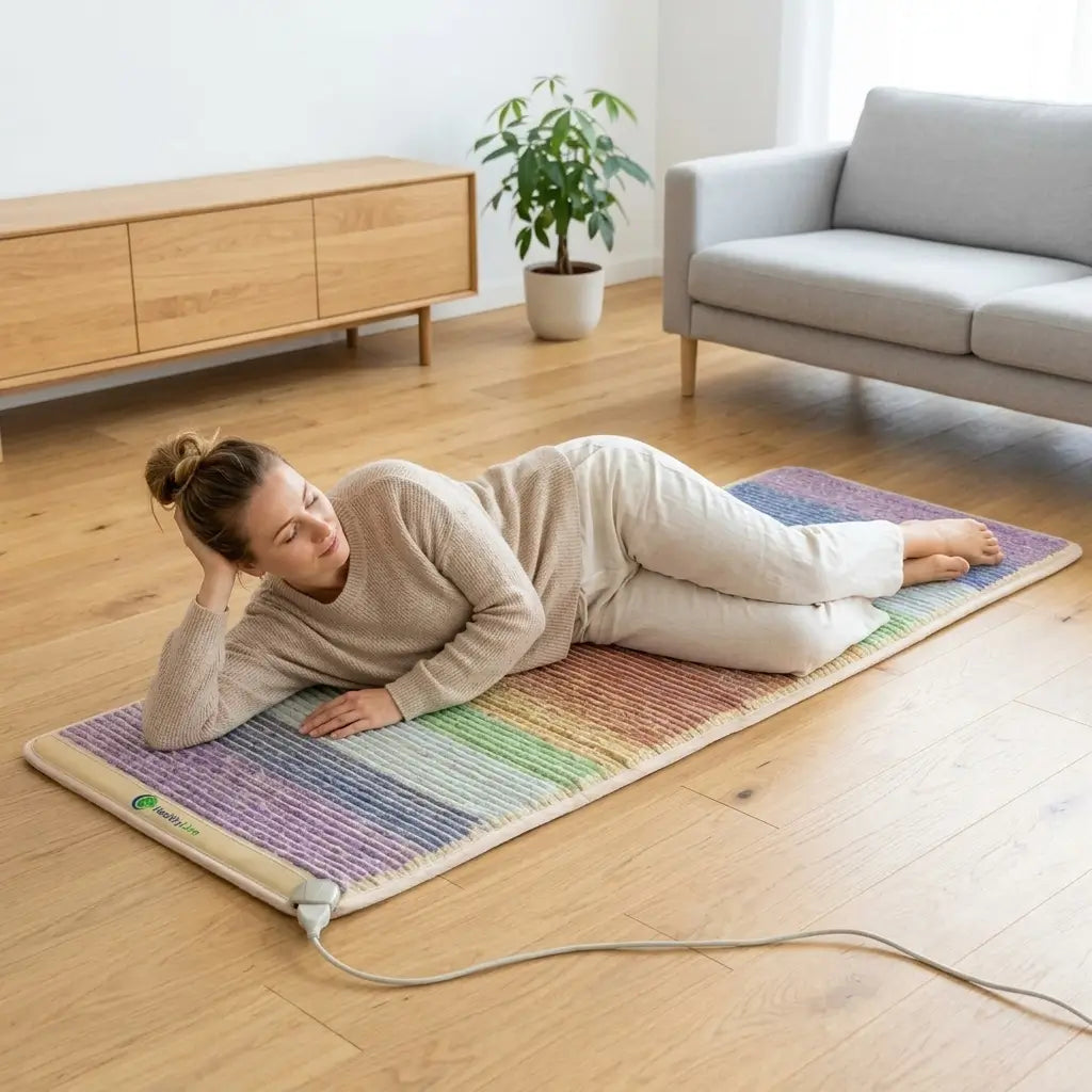 Person relaxing on their side on the Rainbow Chakra 7428 mat in a living room
