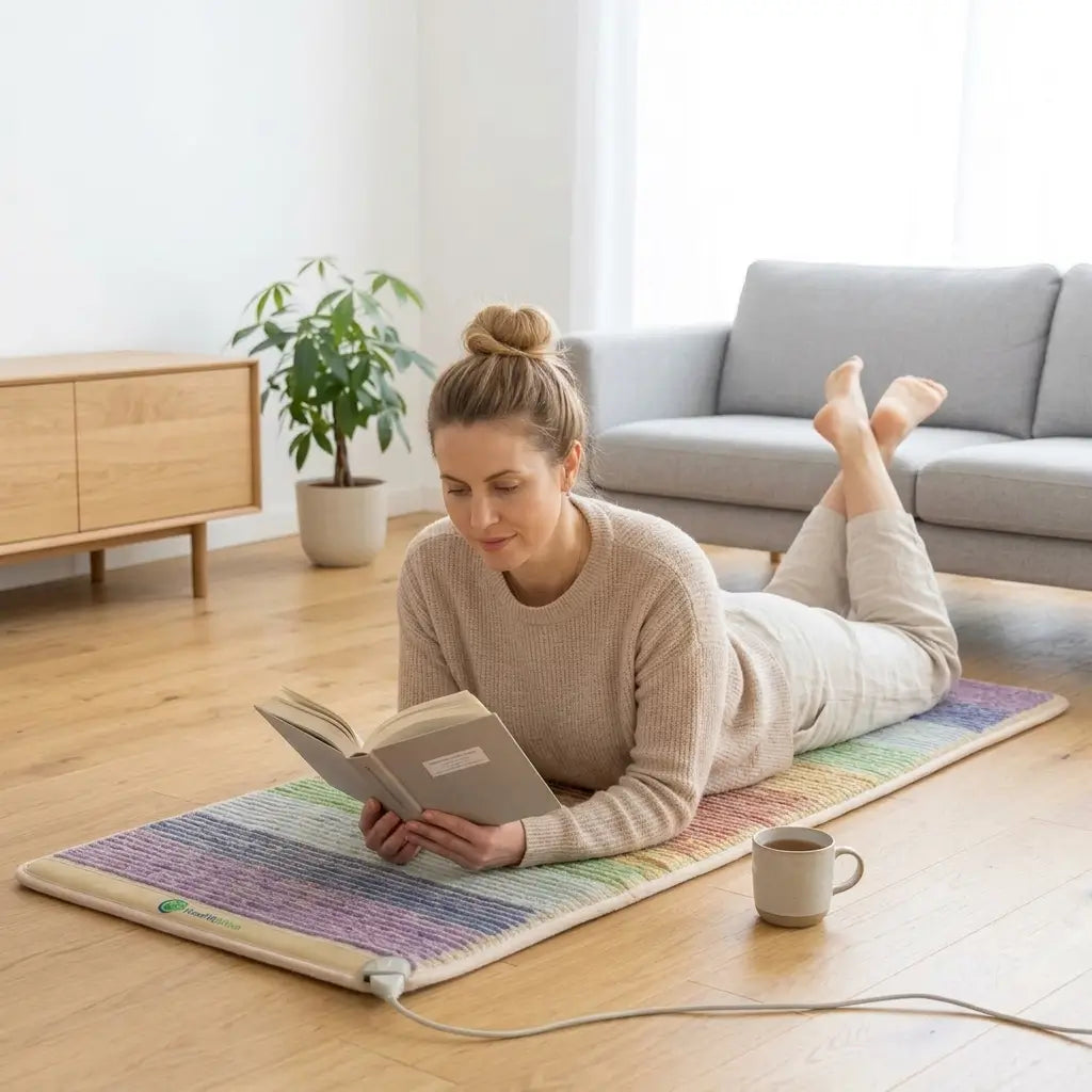 Person lying on the Rainbow Chakra 7428 mat reading a book in a living room
