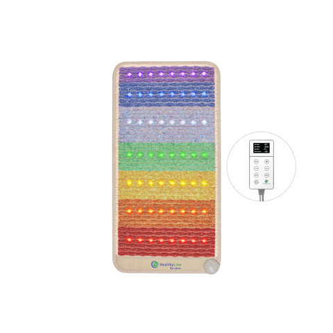 Rainbow Chakra 40x20 mat with 7 horizontal chakra gemstone bands and multicolor photon lights, LED controller shown