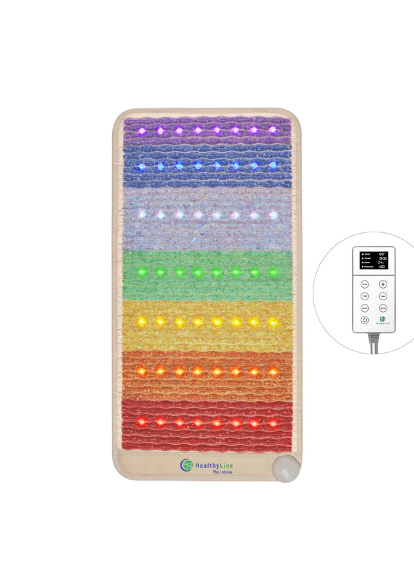 Rainbow Chakra 40x20 mat with 7 horizontal chakra gemstone bands and multicolor photon lights, LED controller shown