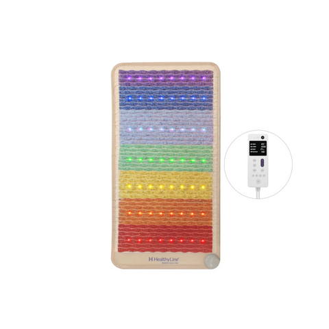 Rainbow Chakra 40x20 mat 4th edition with 7 horizontal chakra gemstone bands and photon lights, LED controller shown