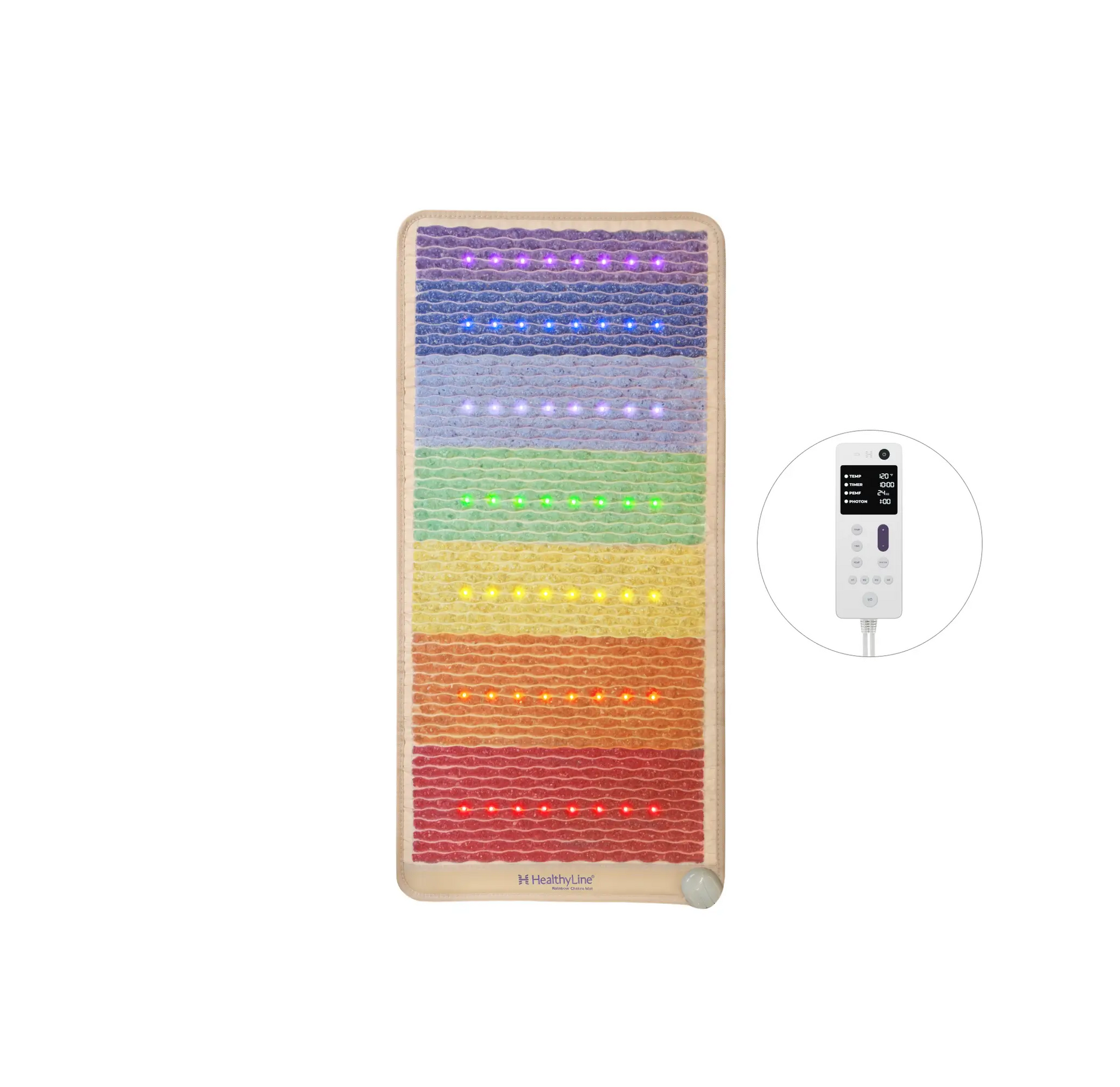 
                  
                    Rainbow Chakra 50x24 mat 4th edition with 7 horizontal chakra gemstone bands and multicolor photon lights, controller shown
                  
                