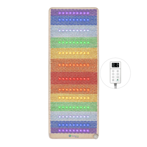 Rainbow Chakra 74x28 mat 3rd edition with 7 horizontal chakra gemstone bands and multicolor photon lights, controller shown