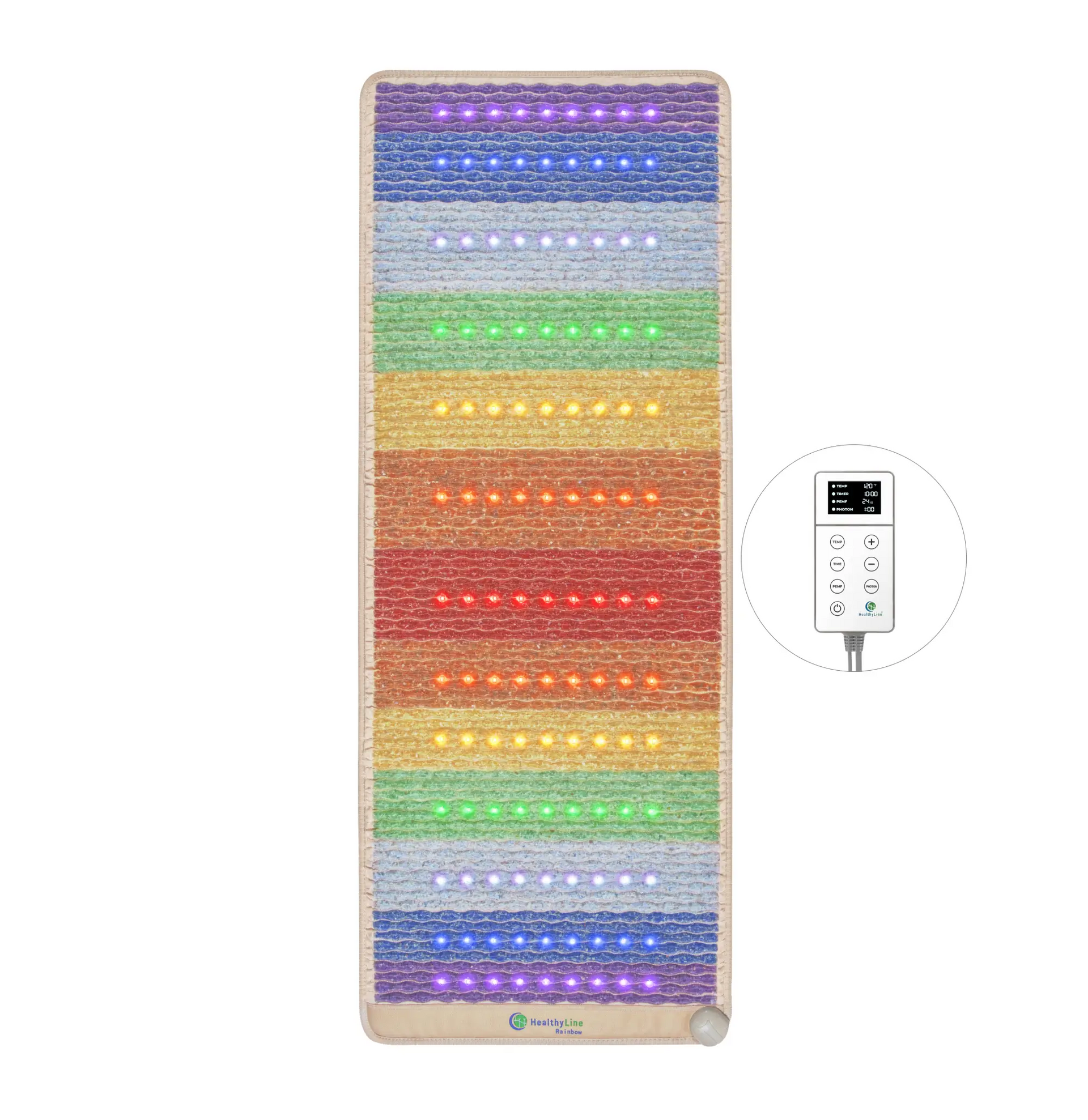 
                  
                    Rainbow Chakra 74x28 mat 3rd edition with 7 horizontal chakra gemstone bands and multicolor photon lights, controller shown
                  
                