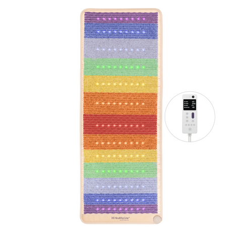 Rainbow Chakra 74x28 mat 4th edition with 7 chakra gemstone bands and multicolor photon lights, LED controller shown