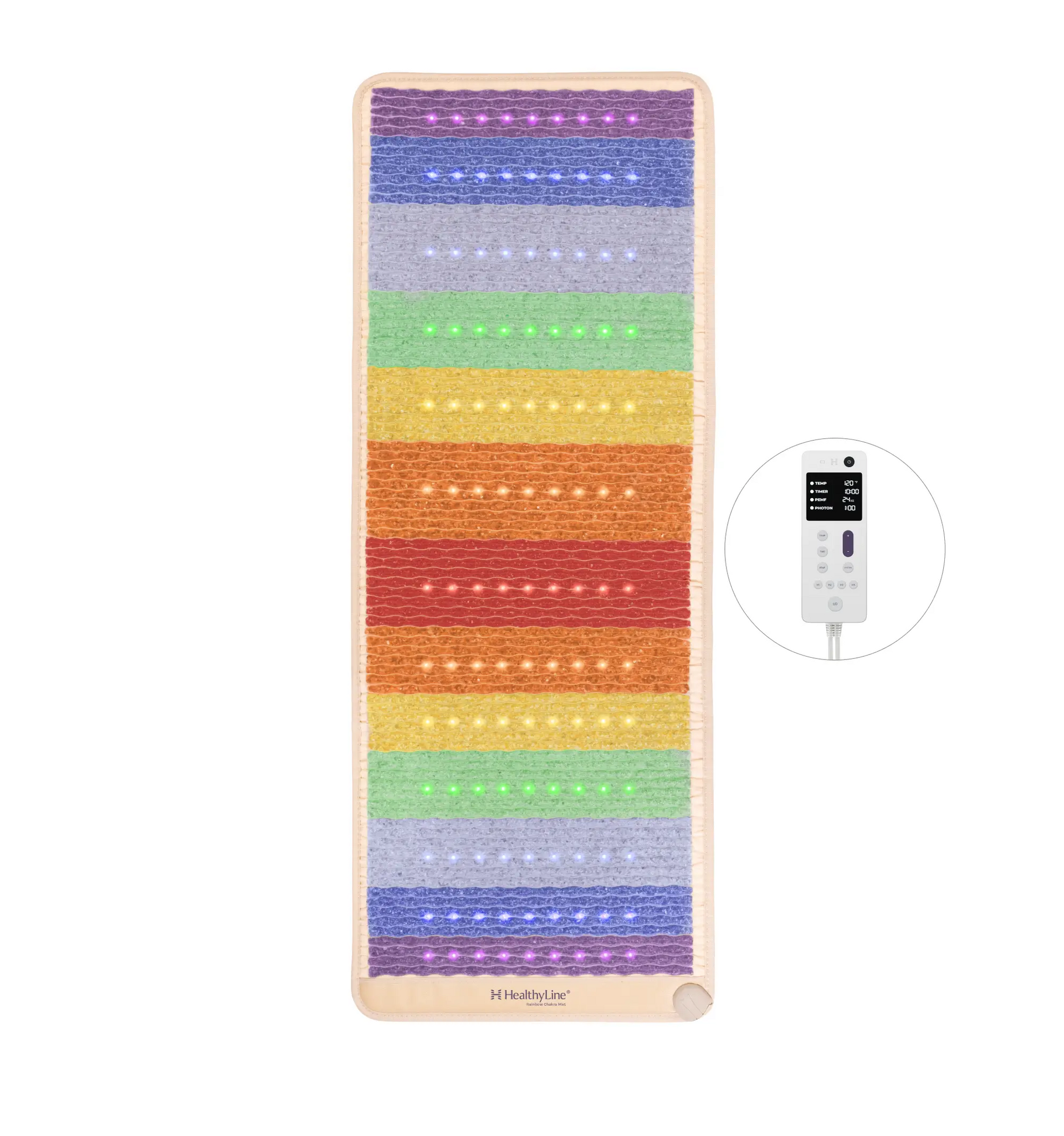 Rainbow Chakra 74x28 mat 4th edition with 7 chakra gemstone bands and multicolor photon lights, LED controller shown