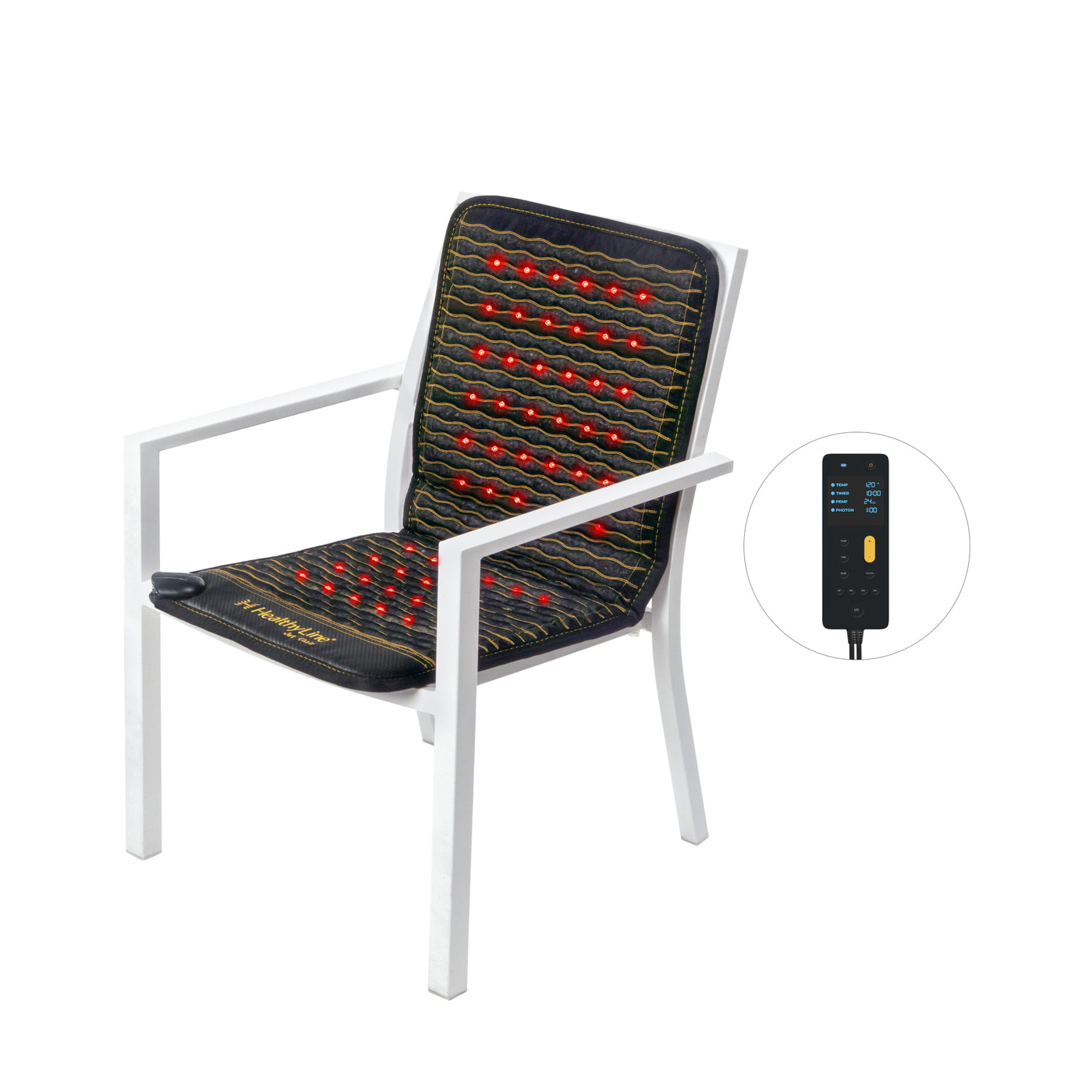 HealthyLine Jet Chair mat (40x18 inches) fitted over the back and seat of a white metal frame chair, red photon lights glowing, Gen 4 controller shown to the side