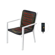HealthyLine Jet Chair mat (40x18 inches) fitted over the back and seat of a white metal frame chair, red photon lights glowing, Gen 4 controller shown to the side