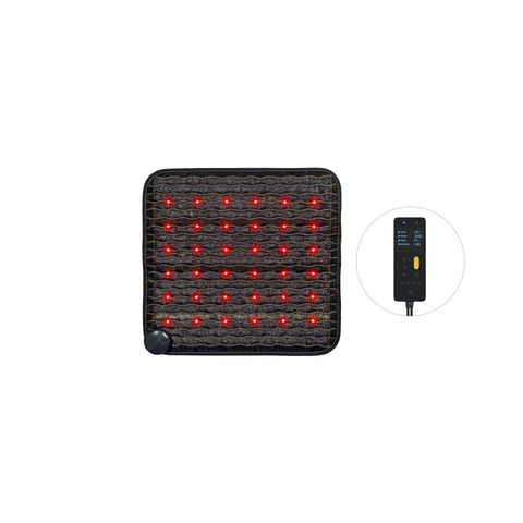HealthyLine Jet 20x20 inch compact square PEMF mat with glowing red photon lights, shown with Gen 4 controller to the side