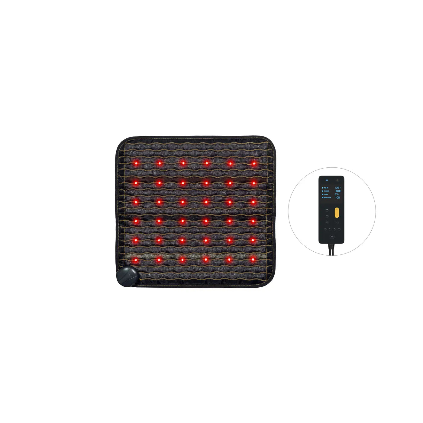 HealthyLine Jet 20x20 inch compact square PEMF mat with glowing red photon lights, shown with Gen 4 controller to the side