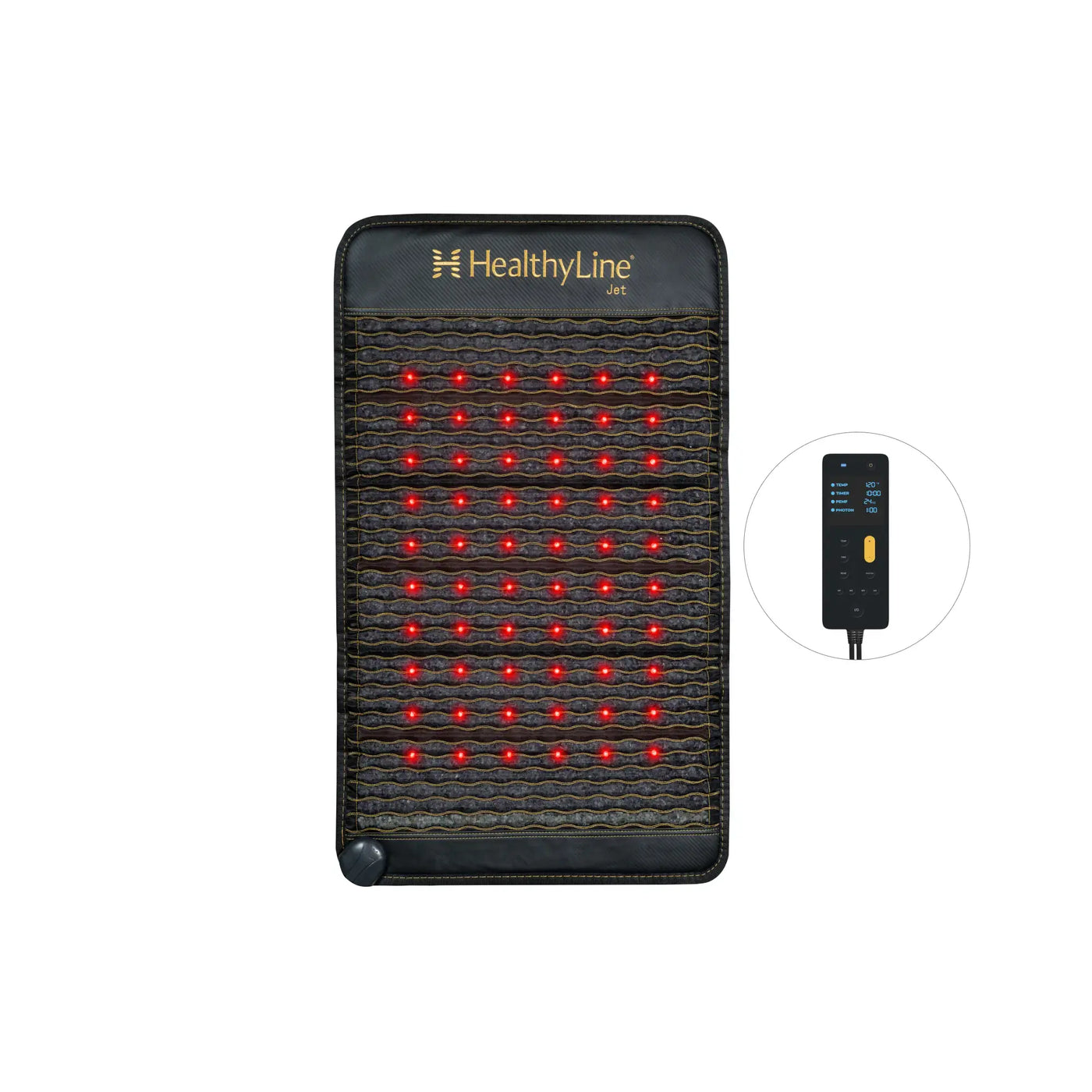 HealthyLine Jet 40x24 inch PEMF mat laid flat with glowing red photon lights in an evenly spaced grid, shown with Gen 4 controller