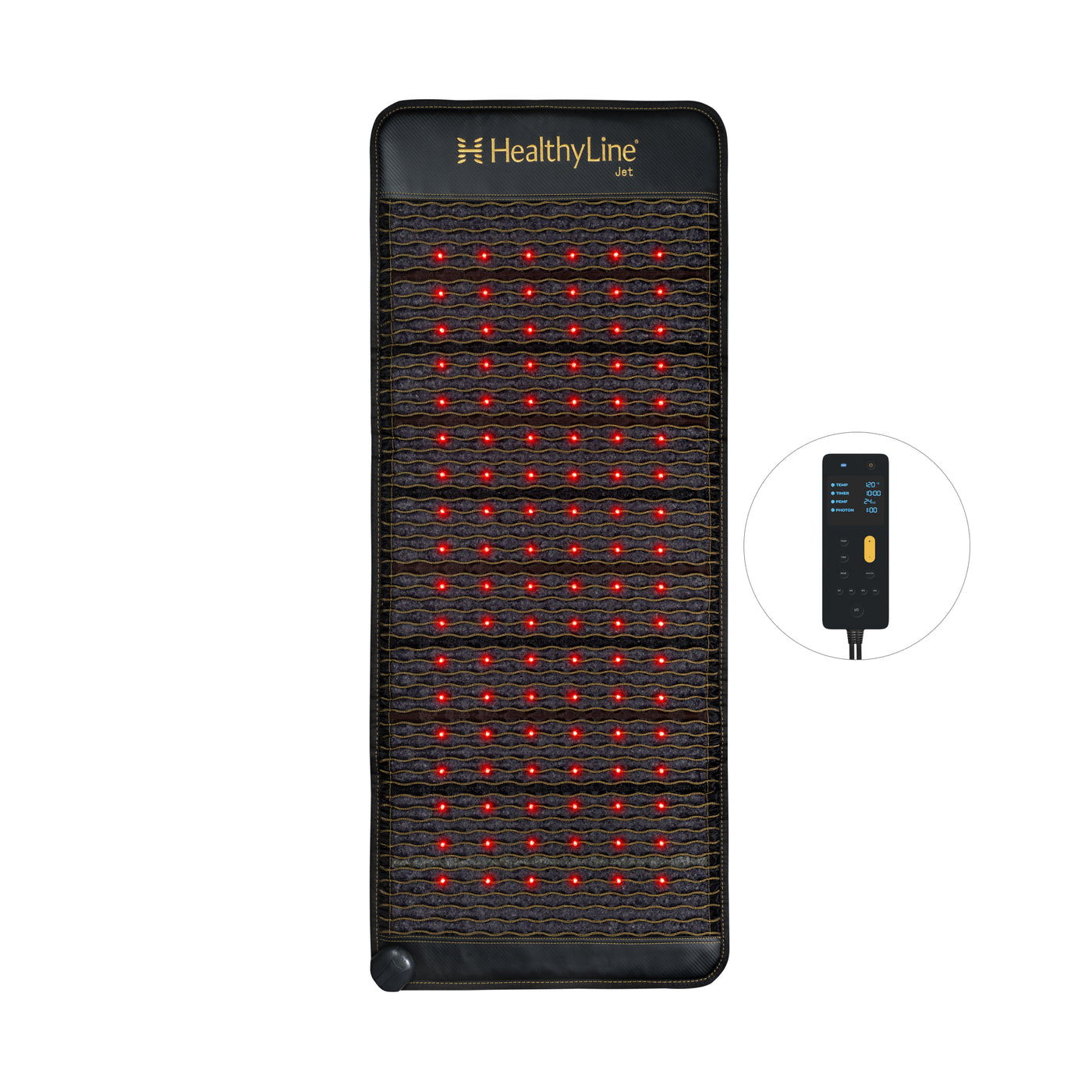 HealthyLine Jet 60x24 inch PEMF mat laid upright with glowing red photon lights across the dark textured surface, Gen 4 controller shown to the side