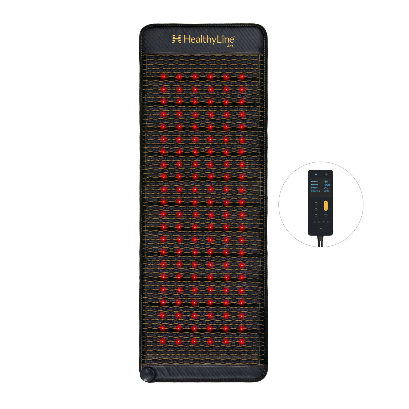 HealthyLine Jet 72x24 inch PEMF mat laid upright with all red photon lights active, Gen 4 controller shown to the side