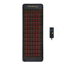 HealthyLine Jet 72x24 inch PEMF mat laid upright with all red photon lights active, Gen 4 controller shown to the side