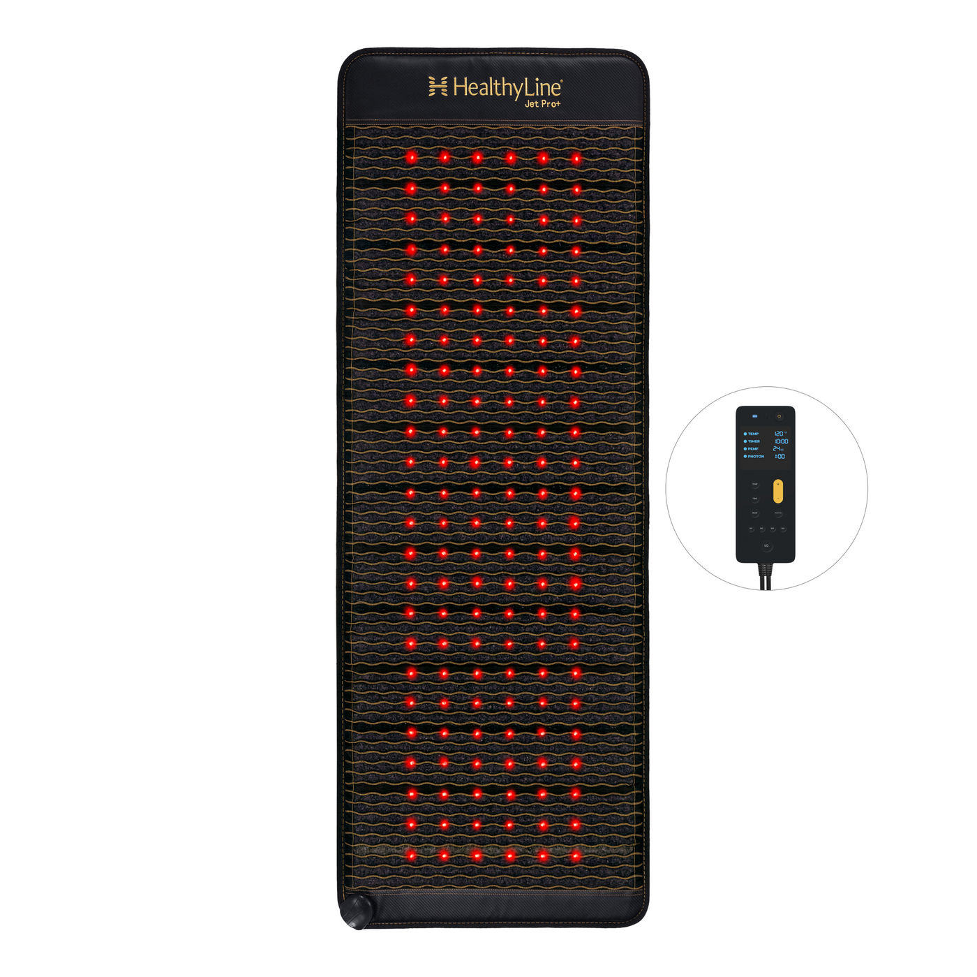 HealthyLine Jet Pro+ 74x28 inch PEMF mat, the widest size, laid upright with red photon lights glowing across the full dark surface, Gen 4 controller shown to the side