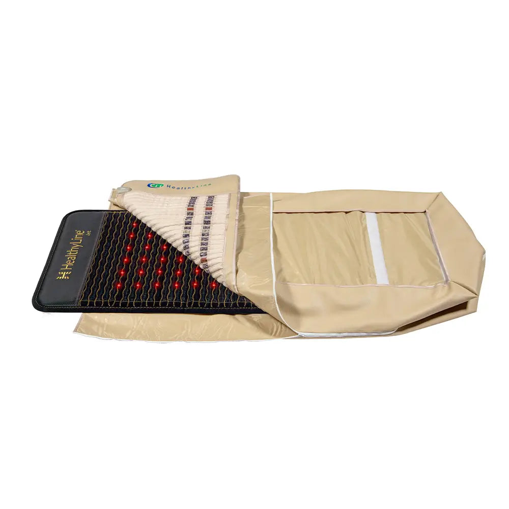 HealthyLine Jet 7224 wellness mat with red photon lights and a tan 360-degree wrap for therapeutic heat.
