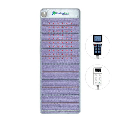 Platinum 74x28 Pro+ mat in silver-grey fabric with amethyst, jade, tourmaline, quartz, obsidian gemstones and two controllers