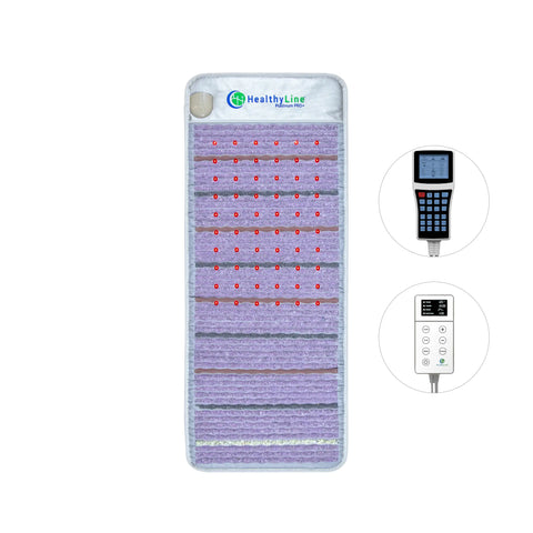 Platinum 60x24 mat in silver-grey fabric with amethyst, jade, tourmaline, quartz, obsidian gemstone rows and two controllers