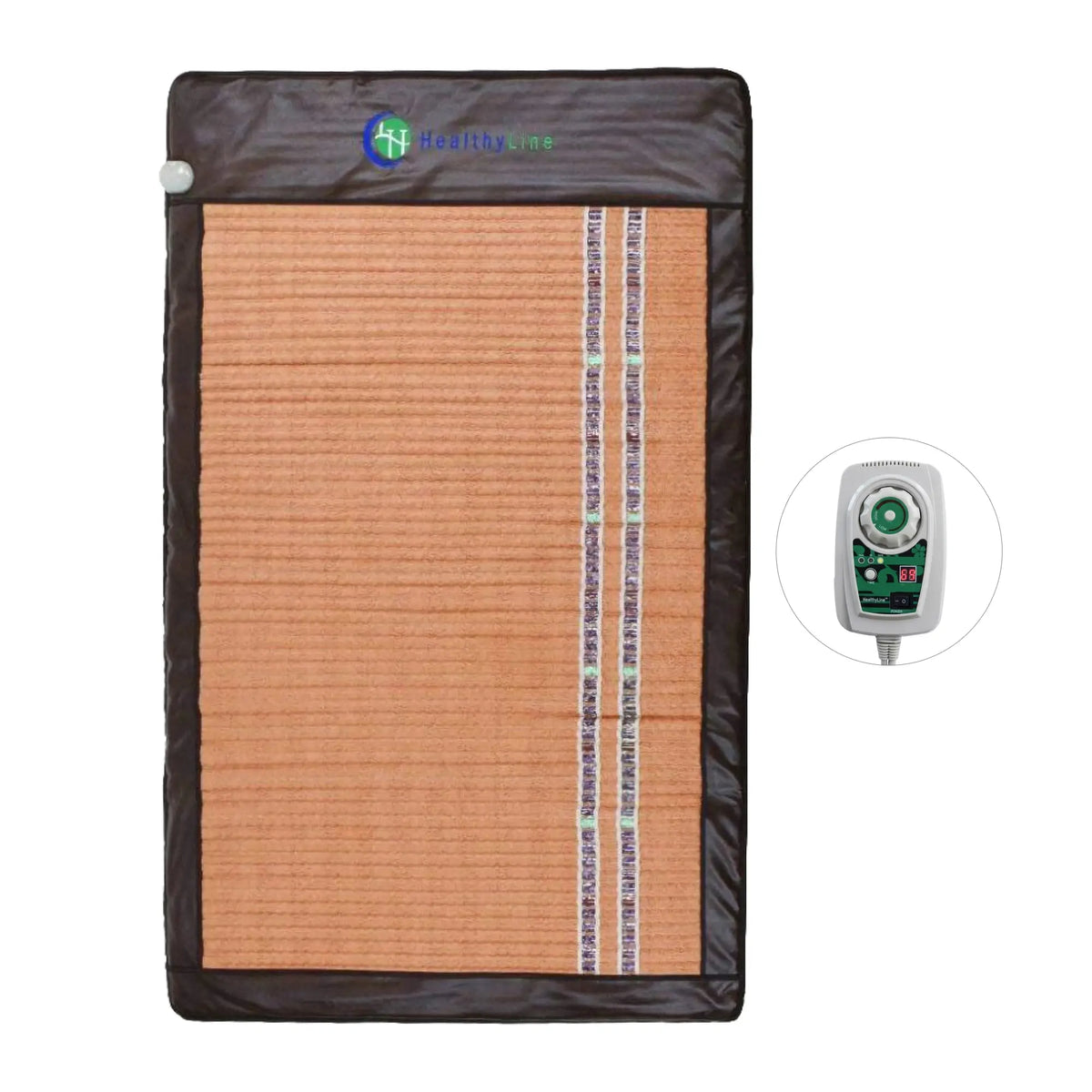 Soft 8054 Extra Large mat in coral fabric with amethyst, tourmaline, and jade gemstone rows and controller
