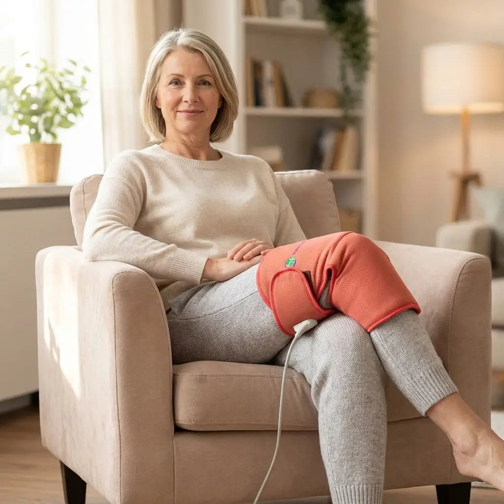 Person seated in an armchair at home wearing the Amethyst Knee pad
