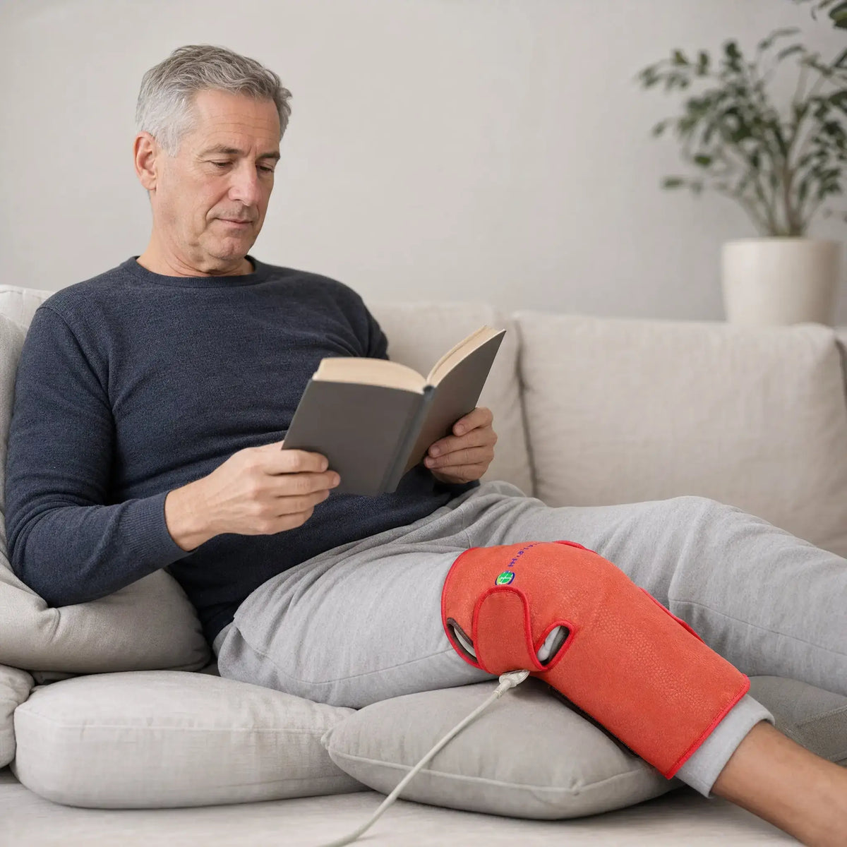 Person reading a book on a couch wearing the Amethyst Knee pad on their elbow
