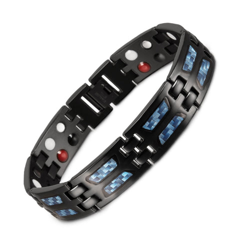 Stainless steel energy bracelet in black and blue color with negative ions and magnets