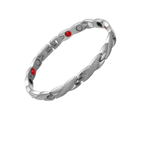 Silver stainless steel magnetic energy bracelet featuring rectangular links with Magnets, Negative Ions, Far-infrared Rays, and Germanium