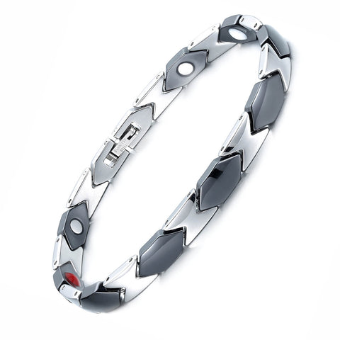 Black ceramic and silver stainless steel energy bracelet with distinctive X-shaped link design