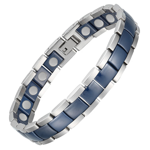 A blue and silver unisex magnetic power bracelet with polished ceramic links and stainless steel accents